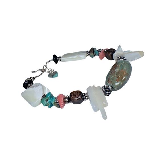 Turquoise 925 Sterling Sliver Bracelet 7" Coral Mother Of Pearl Southwestern - Picture 5 of 14